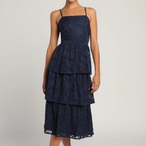 Grace and Beauty Navy Blue Burnout Floral Print Tiered Dress Lulus